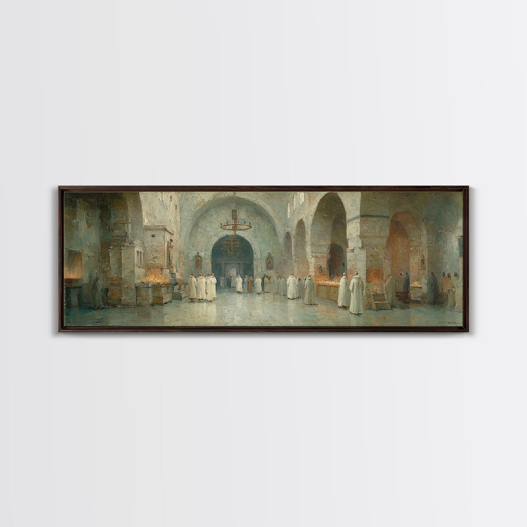 Monastic Gathering – Framed Canvas Print – Christian Art Canvas – Panoramic Frame – Christmas Art – Christian Decorations – Christian Paint