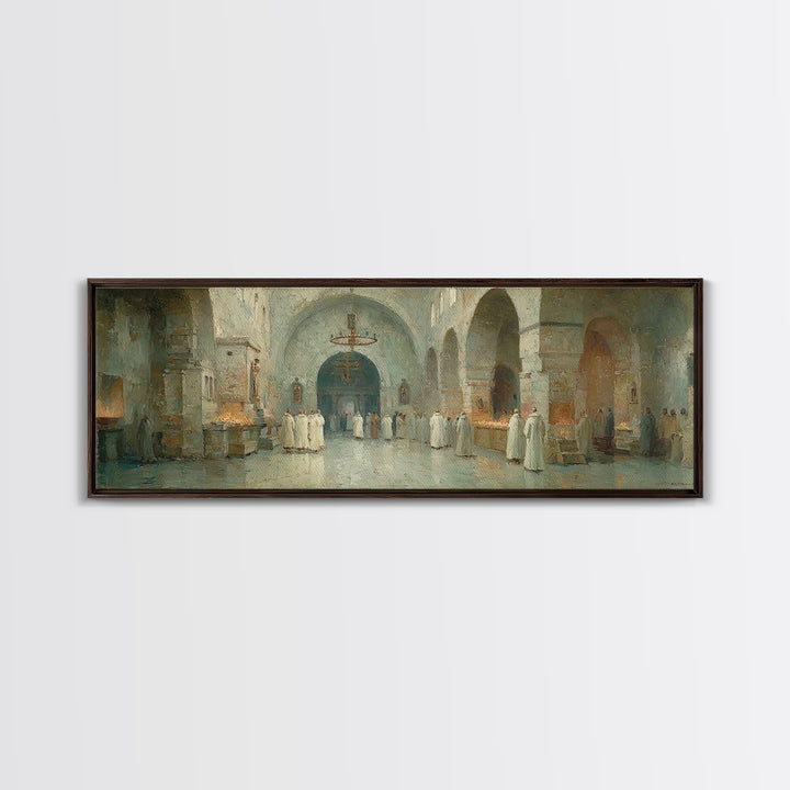 Monastic Gathering – Framed Canvas Print – Christian Art Canvas – Panoramic Frame – Christmas Art – Christian Decorations – Christian Paint