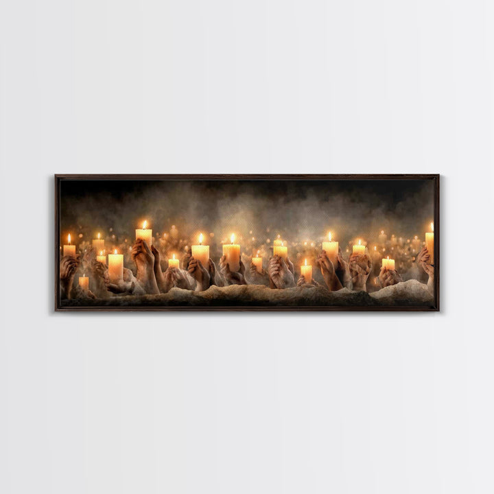Uplifted Flame Tribute, Framed Canvas Print, Christian Wall Art, Panoramic Art, Christian Christmas Art, Christian Art Canvas, Prayer Art