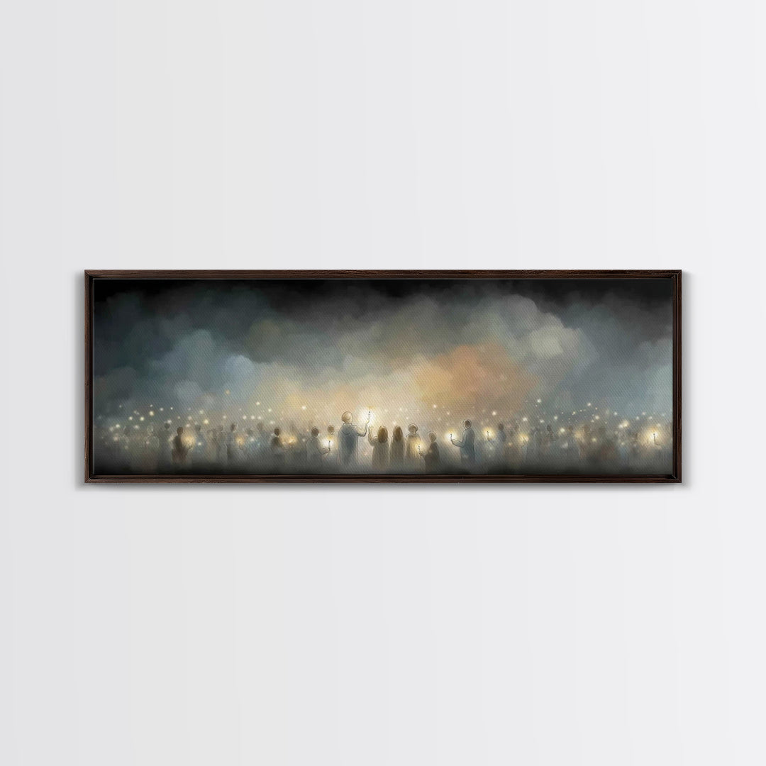 Twilight Candle Crowd | Framed Canvas Print | Christian Wall Art | Panoramic Frame | Christian Art Canvas | Christmas Art | Devotional Art