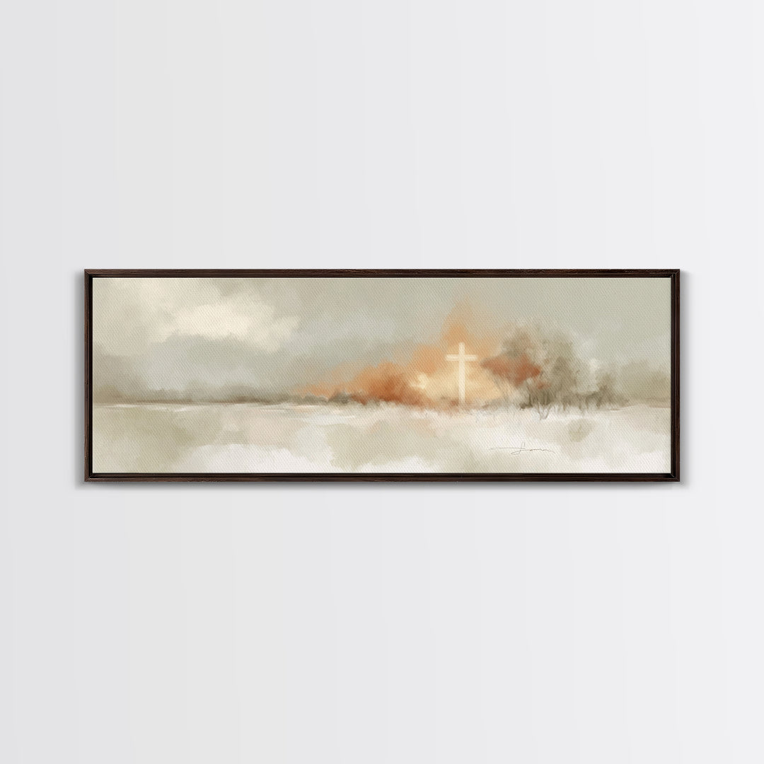 Light On Calvary, Framed Canvas Print, Christian Wall Art, Panoramic Painting, Christian Art Canvas, Christian Painting, Christian Decor