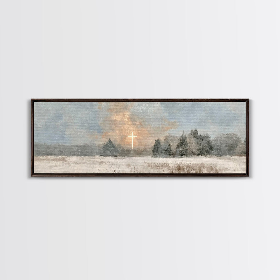 Winter Cross Light, Framed Canvas Print, Panoramic Art, Christian Art Canvas, Christian Wall Art, Christian Painting, Christmas Art