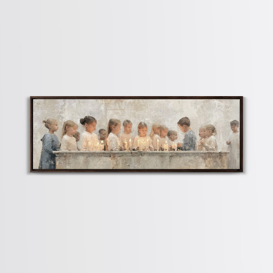 Children’s Candle Prayer – Framed Canvas Print – Panoramic Art – Christian Wall Art – Christian Art Canvas – Christian Painting – Christmas