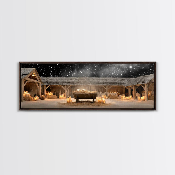 Holy Night Cradle, Framed Canvas Print, Panoramic Painting, Christian Wall Art, Jesus Christmas Art, Christian Art Canvas, Christmas Art