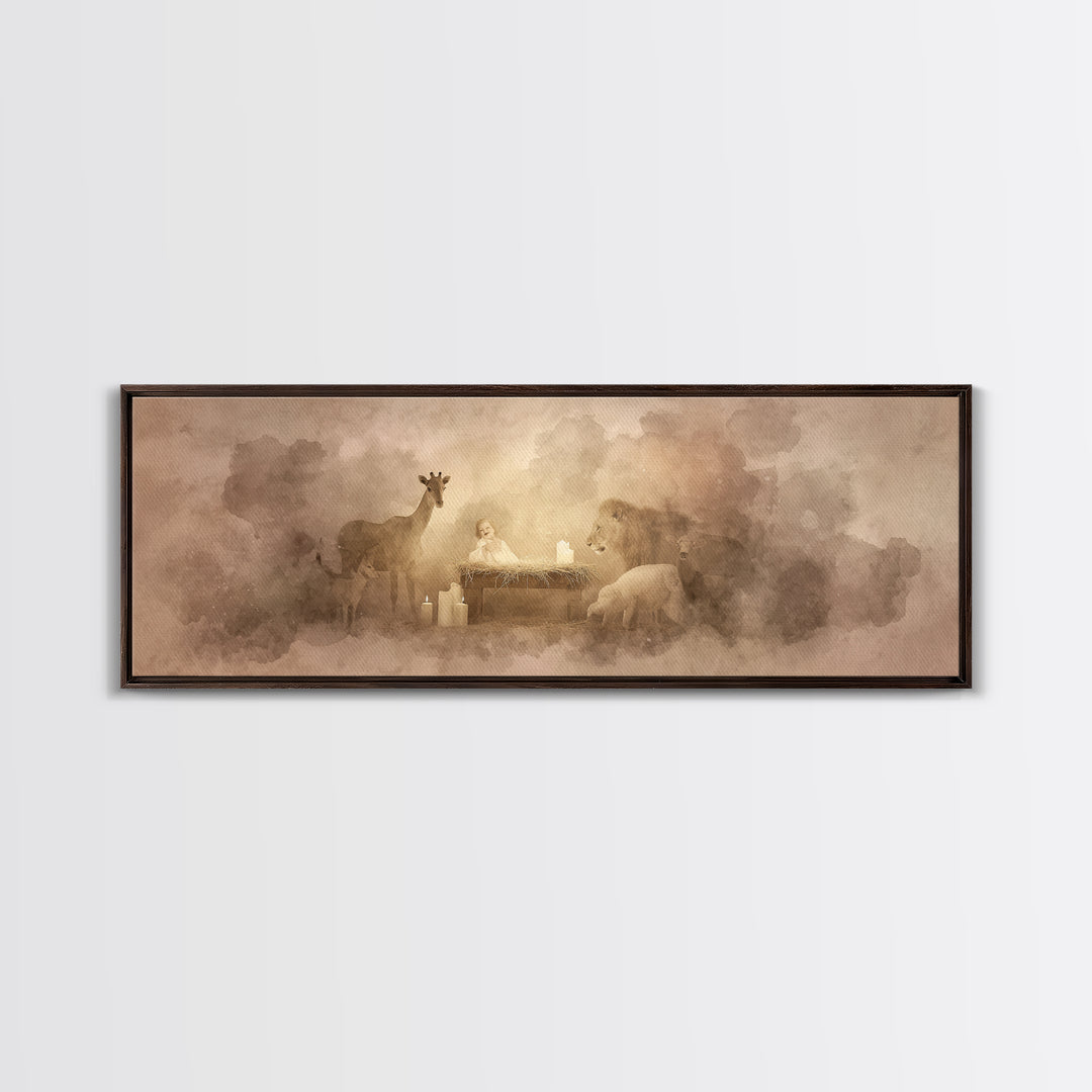 Gentle Manger Peace, Framed Canvas Print, Christian Wall Art, Panoramic Art, Christian Art Canvas, Christmas Art, Christian Christmas Decor