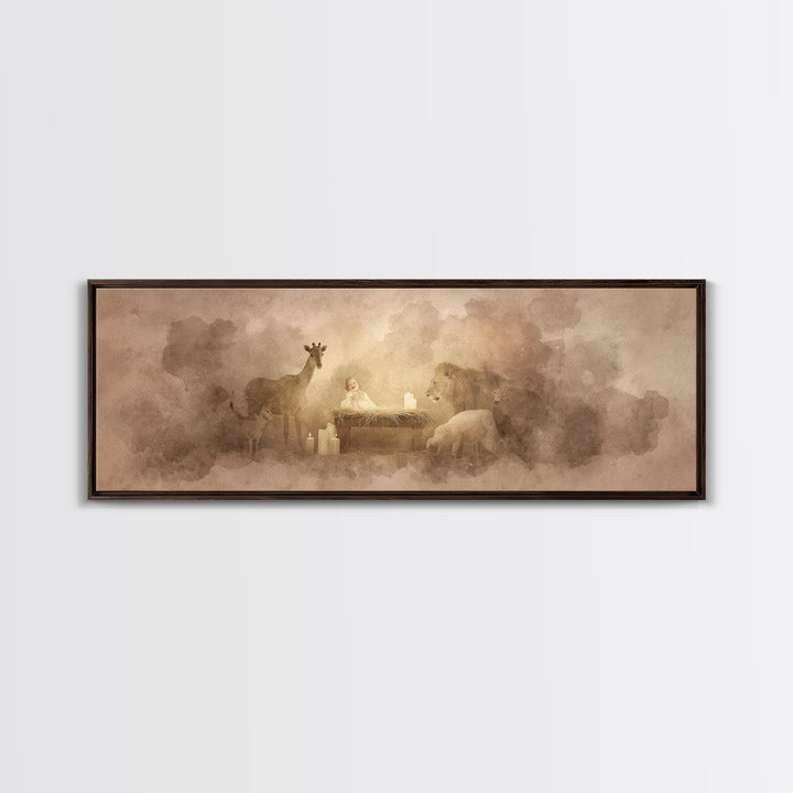 Gentle Manger Peace, Framed Canvas Print, Christian Wall Art, Panoramic Art, Christian Art Canvas, Christmas Art, Christian Christmas Decor