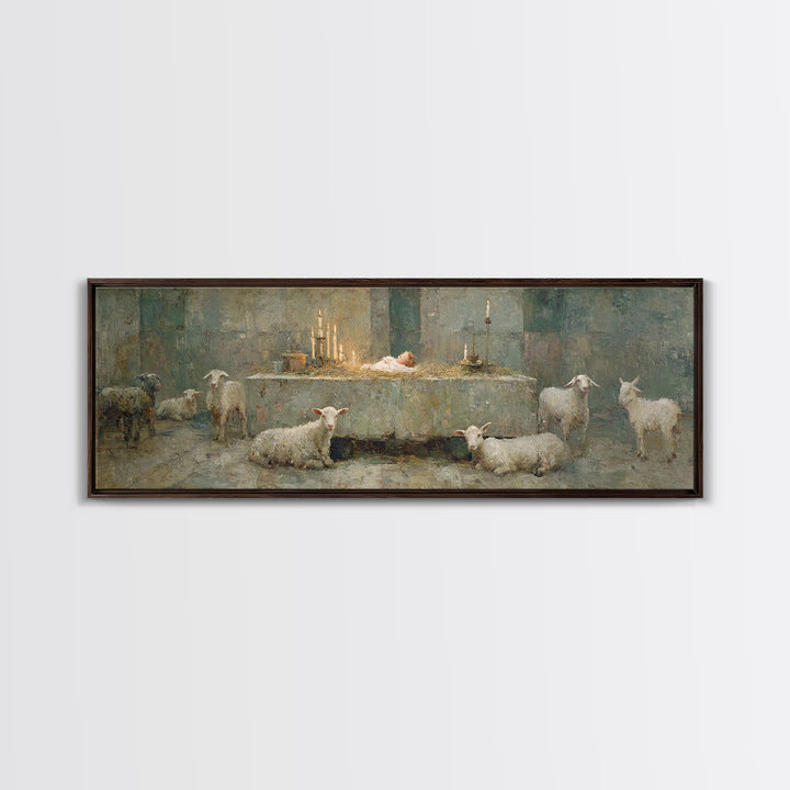Quiet Stable Glory – Framed Canvas Print – Panoramic Art – Christian Wall Art – Christmas Wall Art – Christian Art Canvas – Vintage Christi