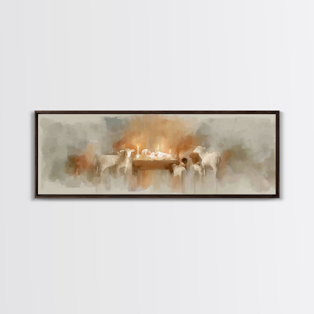 Soft Manger Glow | Framed Canvas Print | Christmas Art | Christian Art Canvas | Panoramic Painting | Christian Wall Art | Christian Christm