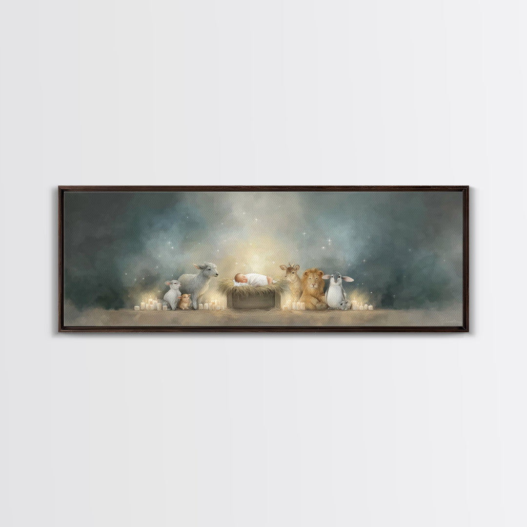 Starry Cradle Light, Framed Canvas Print, Christian Christmas Art, Christian Art Canvas, Panoramic Art, Christmas Wall Art, Christian Art