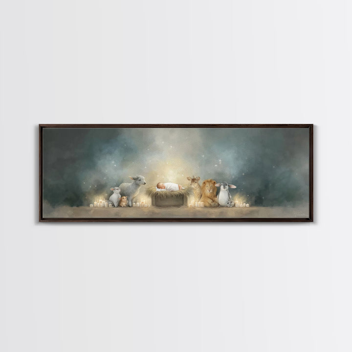 Starry Cradle Light, Framed Canvas Print, Christian Christmas Art, Christian Art Canvas, Panoramic Art, Christmas Wall Art, Christian Art