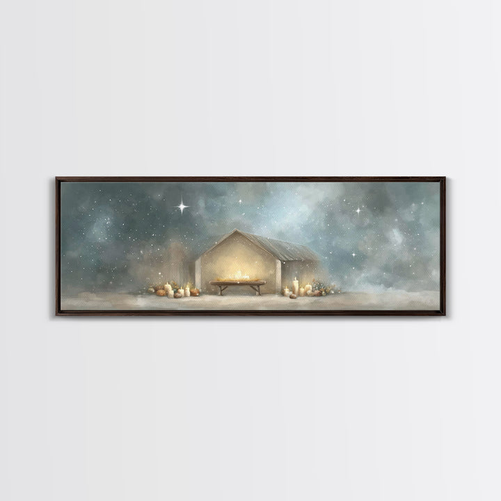 Gentle Stable Peace – Framed Canvas Print – Panoramic Painting – Christian Wall Art – Christian Art Canvas – Christmas Art – Subtle Christi
