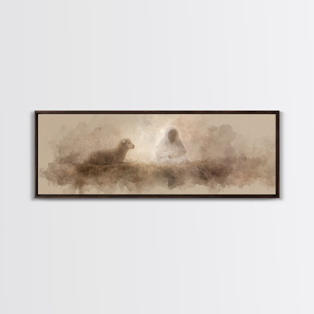 Starry Manger Glow | Framed Canvas Print | Christian Christmas Art | Christian Art Canvas | Jesus Painting | Panoramic Wall Art
