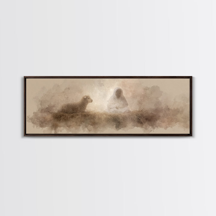 Starry Manger Glow | Framed Canvas Print | Christian Christmas Art | Christian Art Canvas | Jesus Painting | Panoramic Wall Art