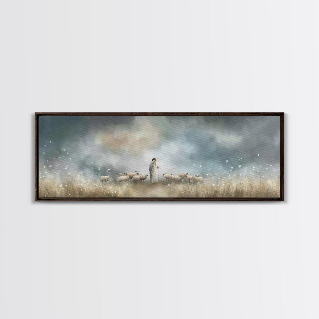 Pastoral Shepherd Light, Framed Canvas Print, Jesus Painting, Christian Wall Art, Panoramic Art, Christian Art Canvas, Christian Decoration