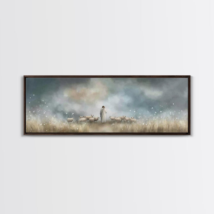 Pastoral Shepherd Light, Framed Canvas Print, Jesus Painting, Christian Wall Art, Panoramic Art, Christian Art Canvas, Christian Decoration