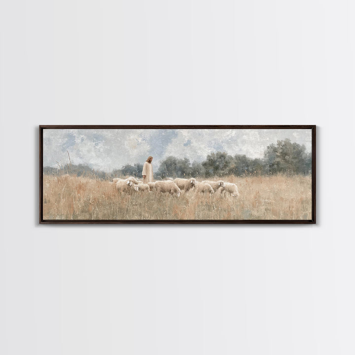 Quiet Meadow Flock, Framed Canvas Print, Christian Art Work, Jesus Painting, Panoramic Print, Christian Decor For Home, Christian Art Canva