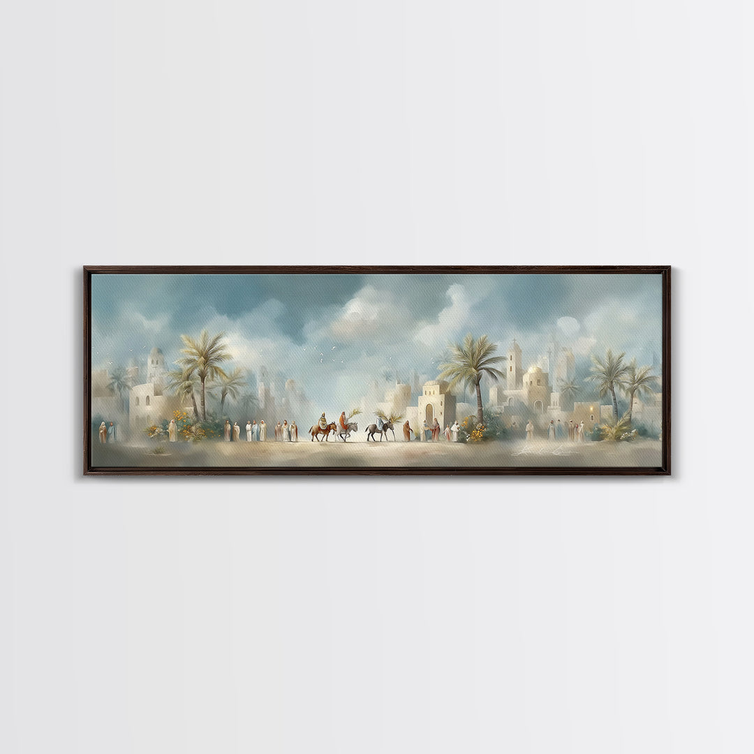 Desert Palm Caravan, Framed Canvas Print, Christian Art Canvas, Panoramic Art, Jesus Wall Art, Christian Decor, Christmas Canvas Wall Art