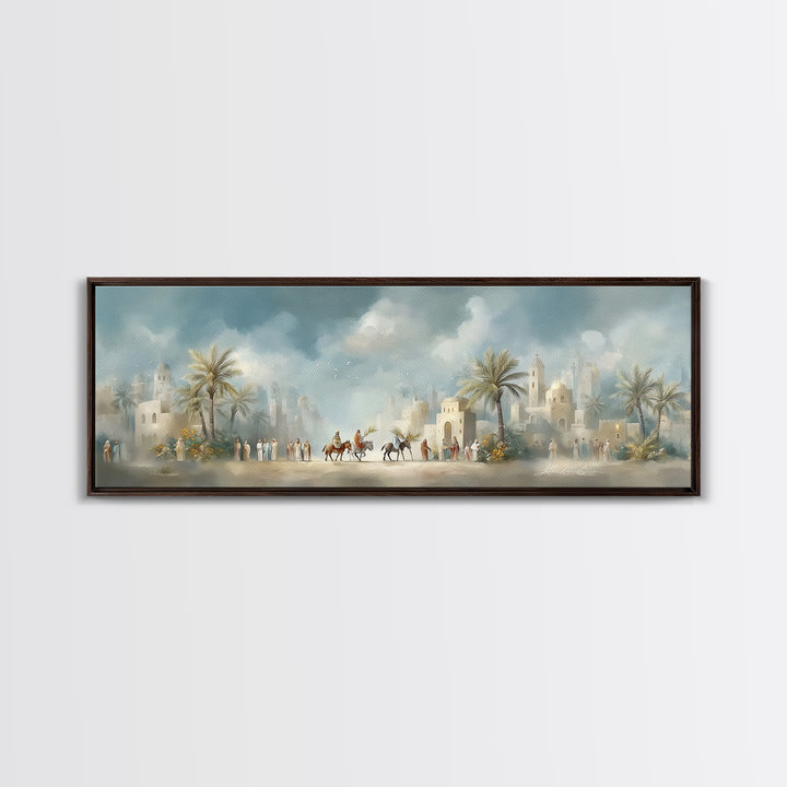 Desert Palm Caravan, Framed Canvas Print, Christian Art Canvas, Panoramic Art, Jesus Wall Art, Christian Decor, Christmas Canvas Wall Art