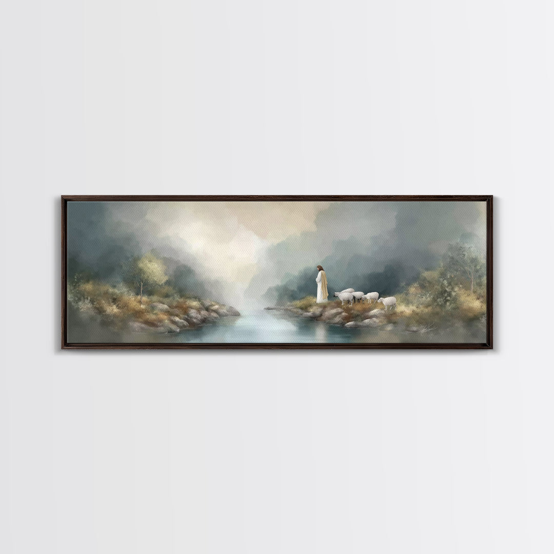 Shepherd's Quiet Path – Framed Canvas Print – Panoramic Frame – Jesus Painting – Christian Art Canvas – Christian Wall Art