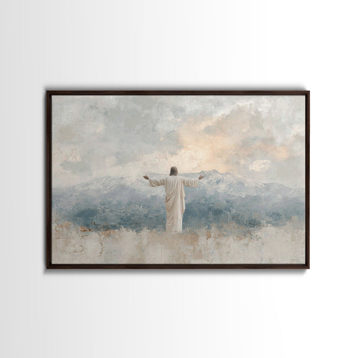 Mountain Dawn Savior – Framed Canvas Print – Christian Wall Art – Subtle Christian Art – Jesus Painting – Christian Art Canvas – Christian