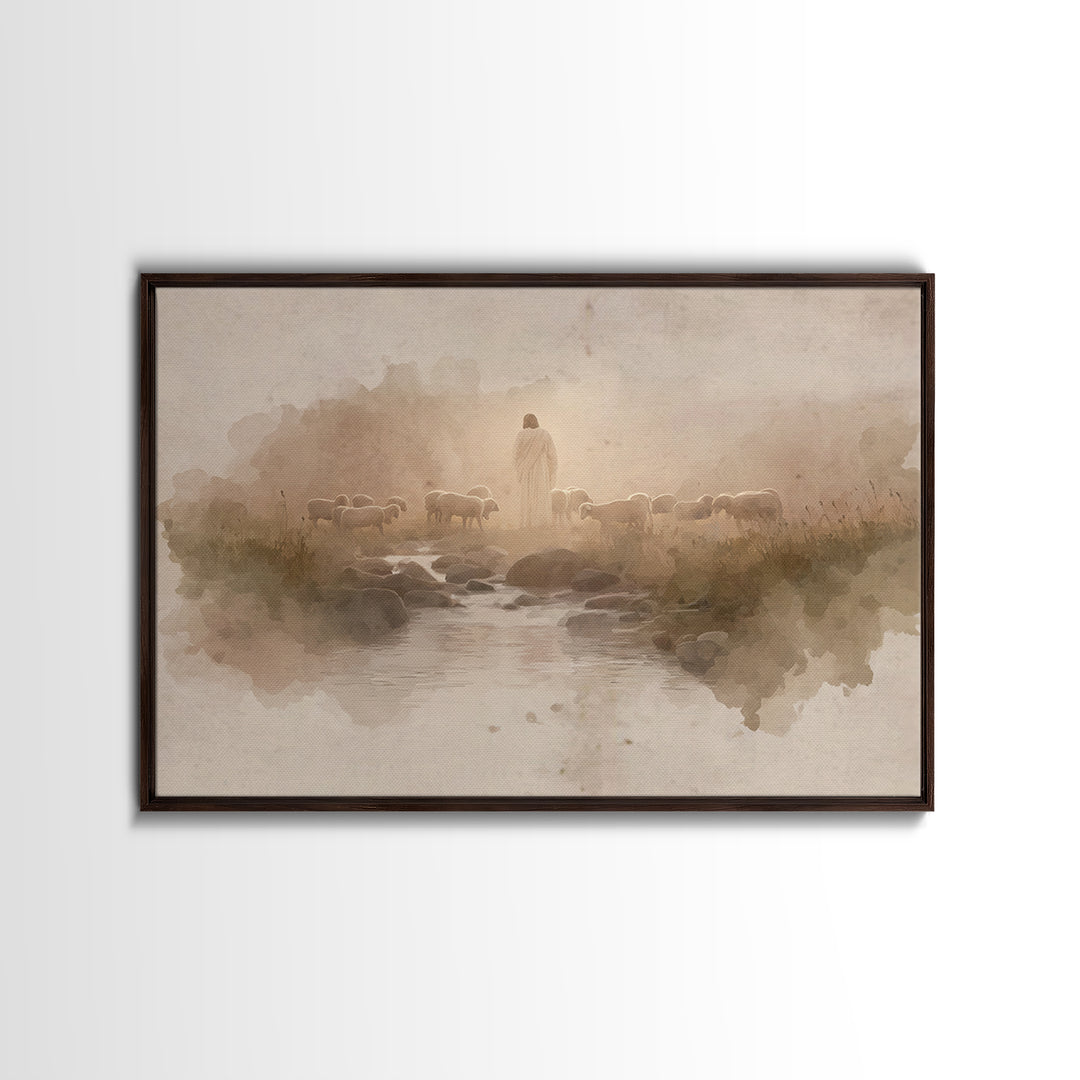 Golden Pastures Guide – Framed Canvas Print – Christian Wall Art – Jesus Painting – Christian Art Canvas – Pastoral Scenery – Christian Gif