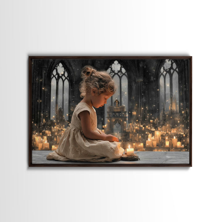 Cathedral Candle Prayer – Framed Canvas Print – Christian Art Canvas – Christian Wall Art – Moody Christian Art – Christian Christmas Art