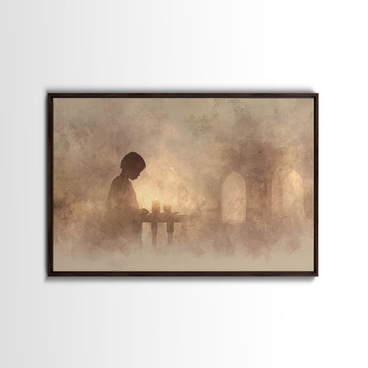 Evening Candle Reverie – Framed Canvas Print – Christian Art Print – Moody Christian Art – Christian Wall Art – Christian Decor