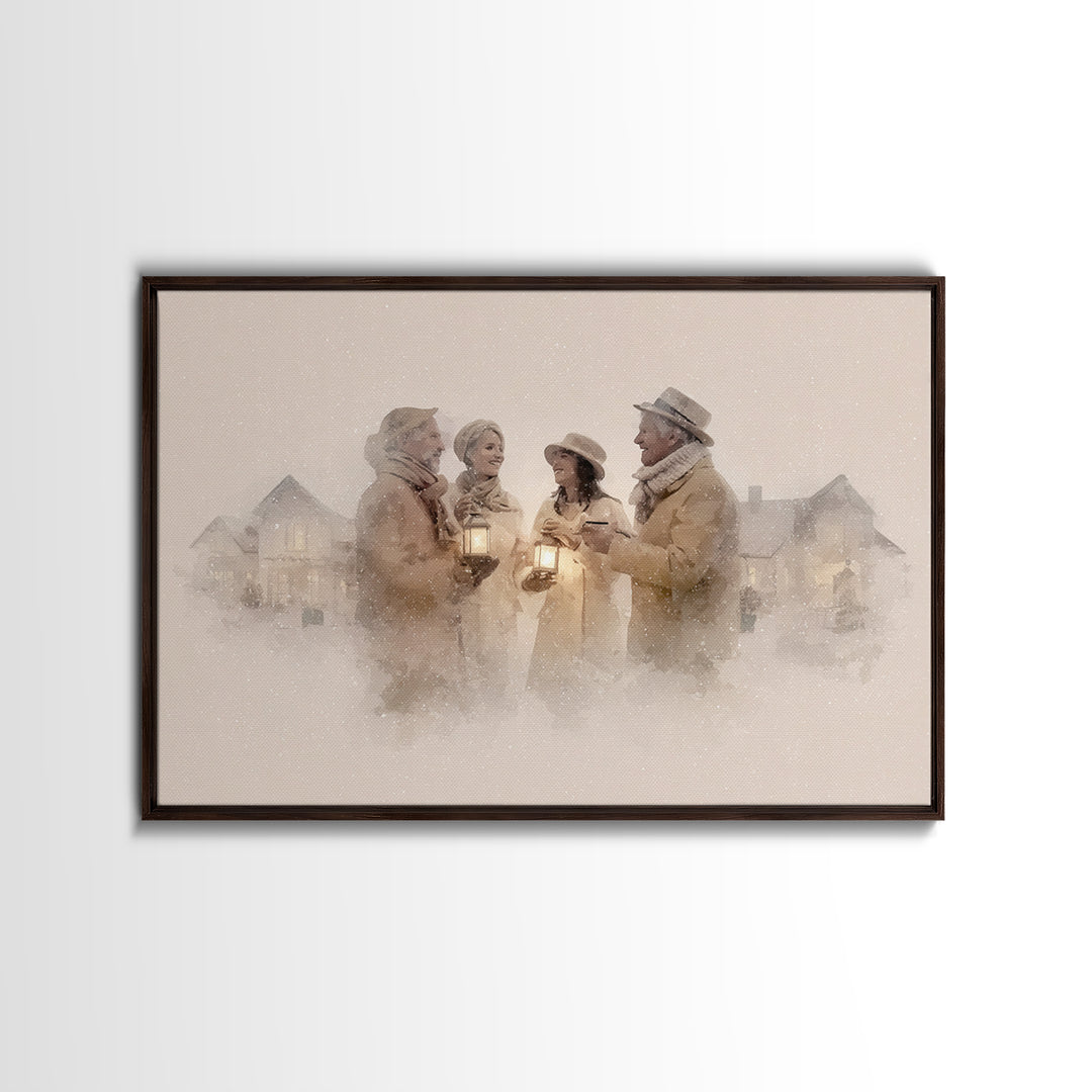 Lantern Gathering | Framed Canvas Print | Christmas Wall Art | Christian Christmas Art | Christmas Art Canvas | Retro Christmas Art | Holid