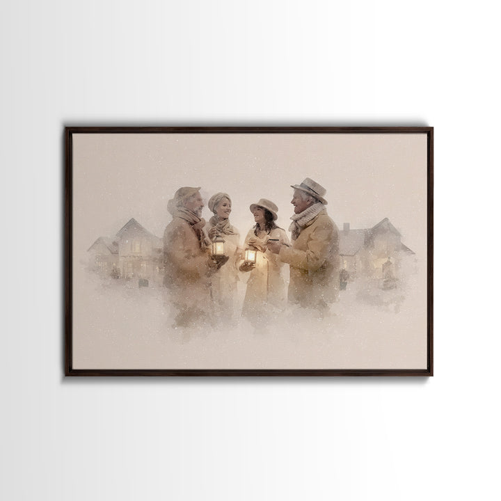 Lantern Gathering | Framed Canvas Print | Christmas Wall Art | Christian Christmas Art | Christmas Art Canvas | Retro Christmas Art | Holid