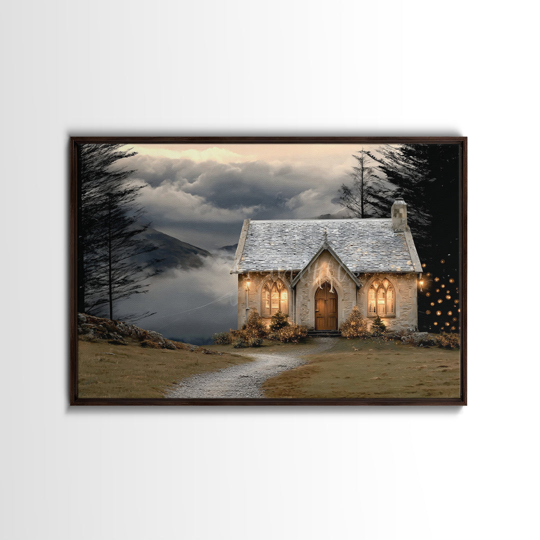 Mountain Chapel Light – Framed Canvas Print – Christian Wall Art – Christian Art Canvas – Christmas Art – Christian Christmas Art – Holiday