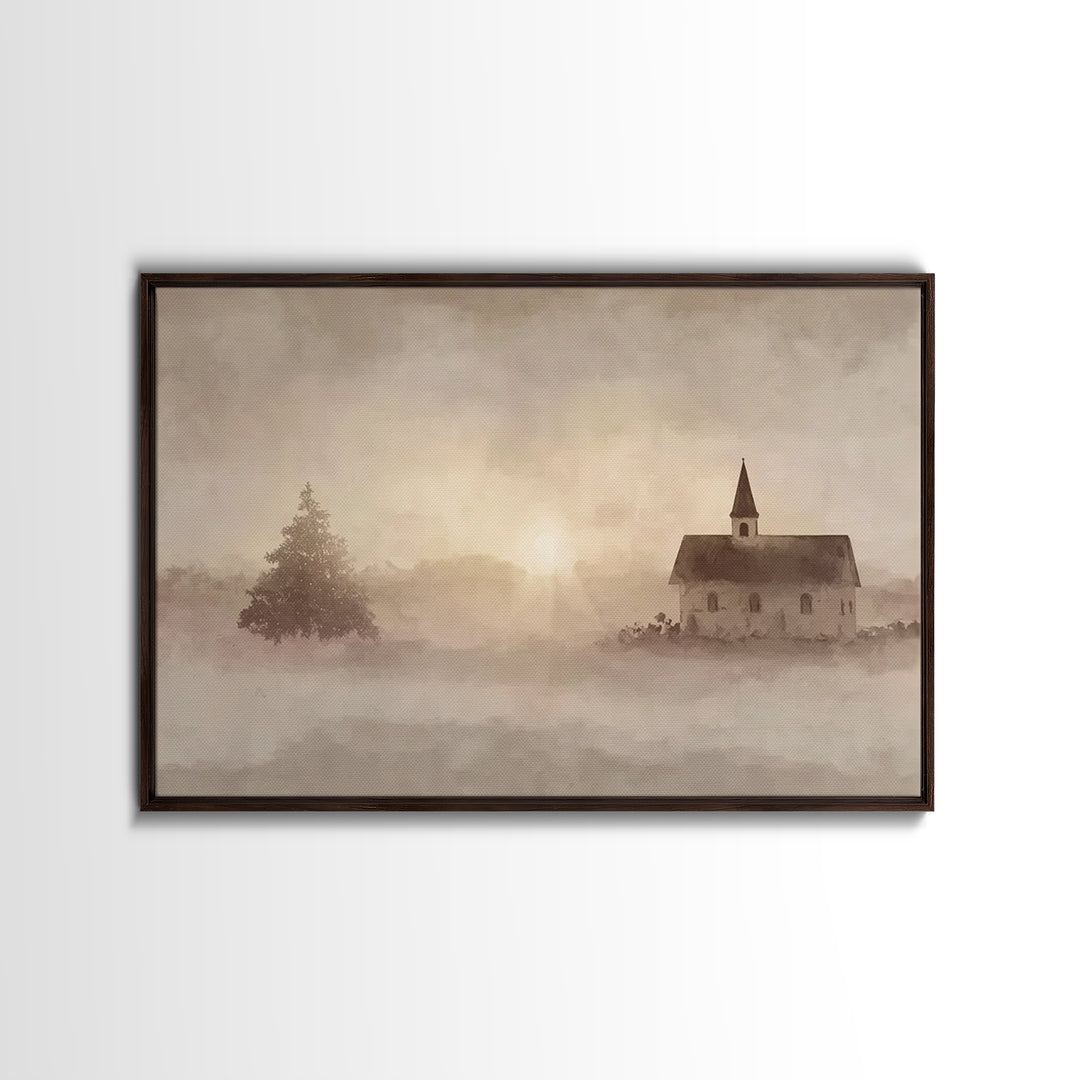Misty Chapel Dawn – Framed Canvas Print – Christian Wall Art – Christian Art Canvas – Christian Painting – Modern Christian Painting – Chri