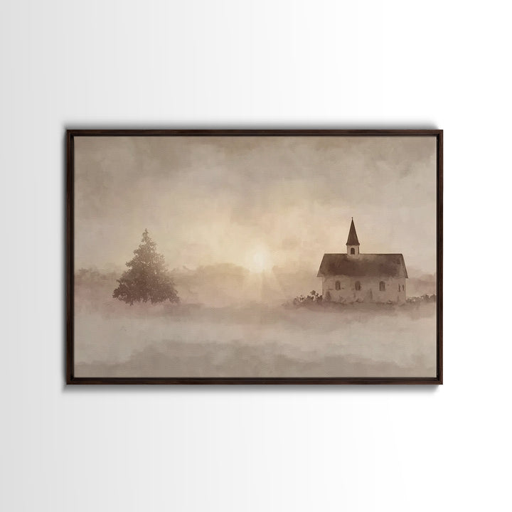 Misty Chapel Dawn – Framed Canvas Print – Christian Wall Art – Christian Art Canvas – Christian Painting – Modern Christian Painting – Chri