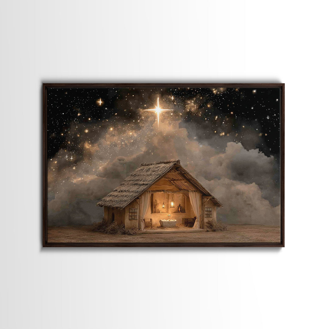Holy Night Shelter – Framed Canvas Print – Christian Art Canvas – Christmas Art – Christian Wall Art – Christian Christmas Art – Christian