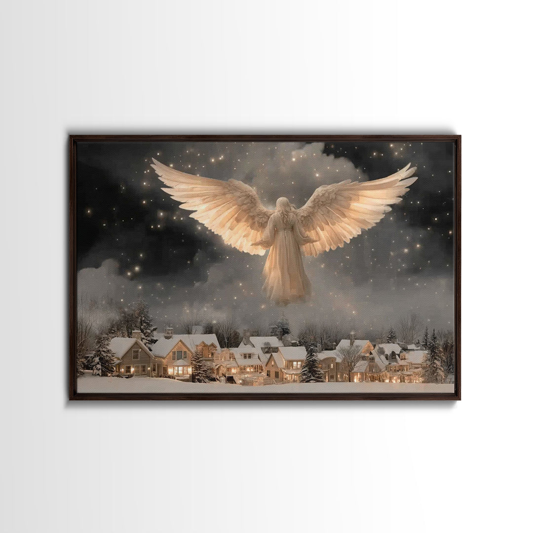 Heavenly Night Watch – Framed Canvas Print – Christmas Wall Art – Christian Art Print – Moody Christmas Art – Christian Decor