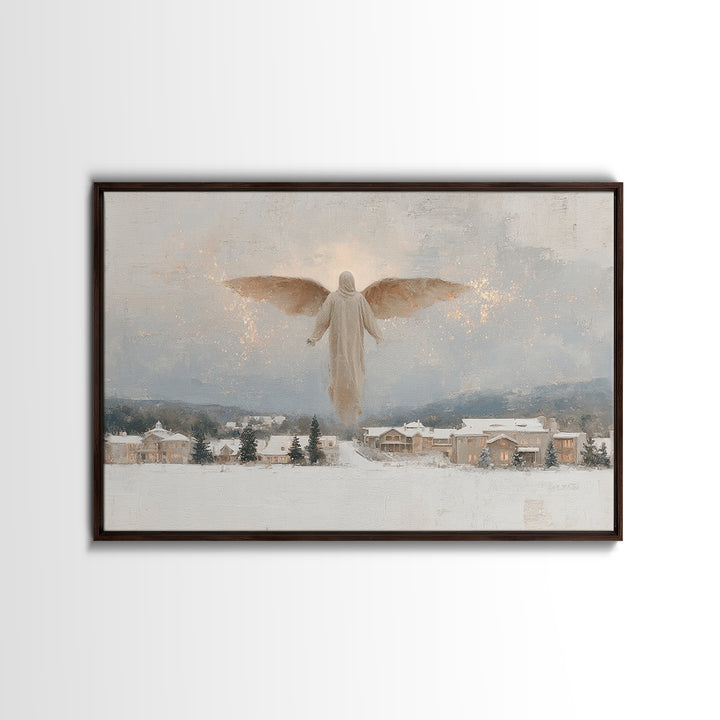 Snowfall Guardian – Framed Canvas Print – Christian Art Canvas – Christmas Art Prints – Vintage Christmas Art – Christian Wall Art