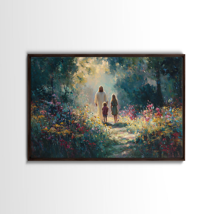 Garden Light Walk, Framed Canvas Print, Christian Art Canvas, Jesus Painting, Christian Wall Art, Christian Gift Ideas