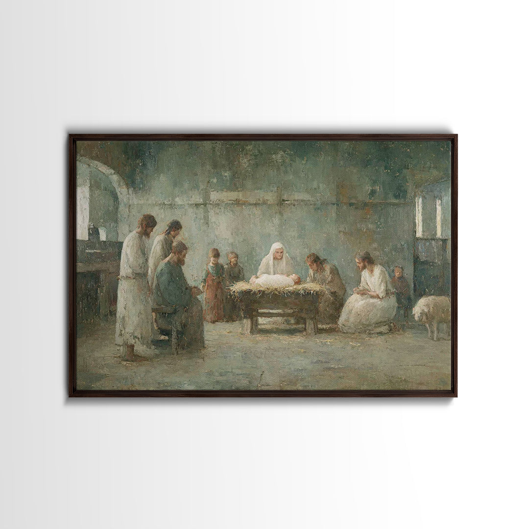 Holy Night Gathering – Framed Canvas Print – Christian Wall Art – Christian Art Canvas – Birth Of Jesus Painting – Christian Christmas Art