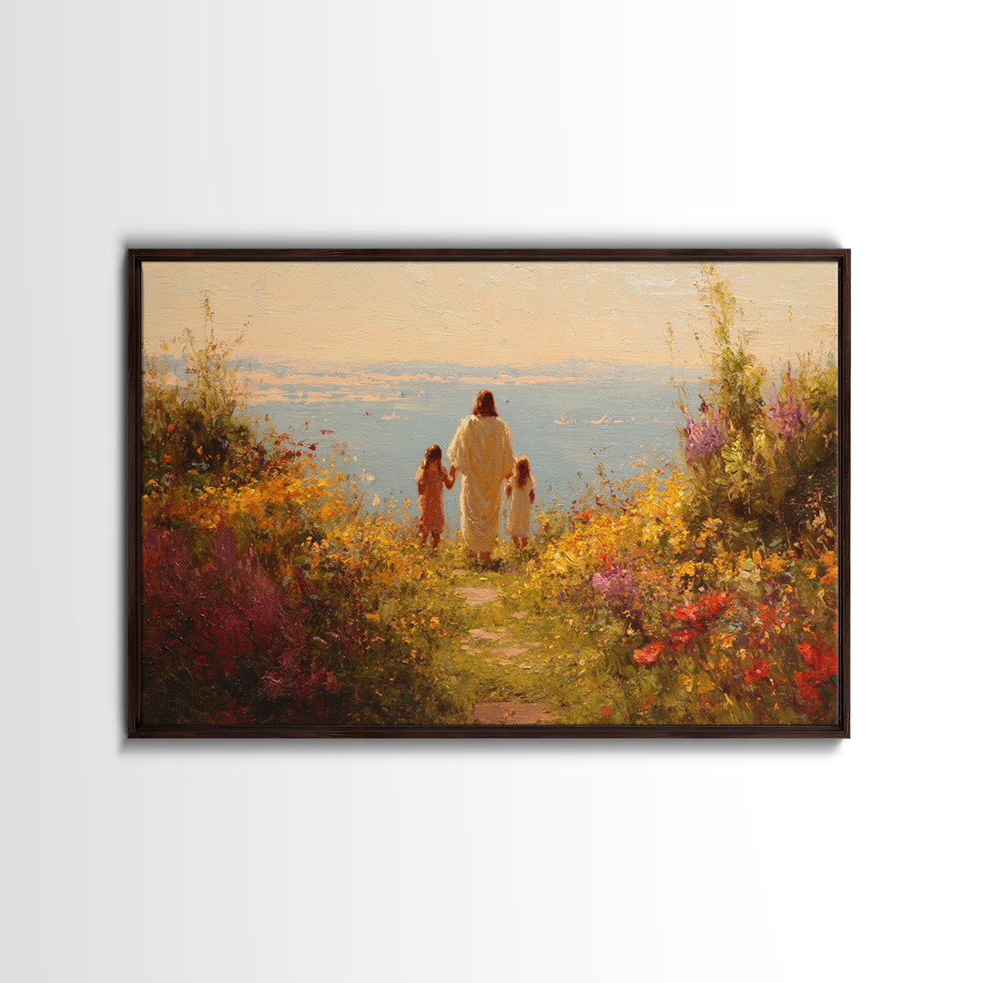 Golden Blossom Walk | Framed Canvas Print | Christian Wall Art | Jesus Painting | Christian Art Work | Bright Christian Art | Christian Chr