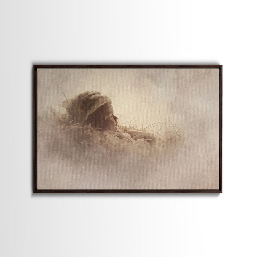 Silent Nativity Glow, Framed Canvas Print, Christian Christmas Art, Birth Of Jesus Painting, Christian Art Print, White Christmas Art, Chri