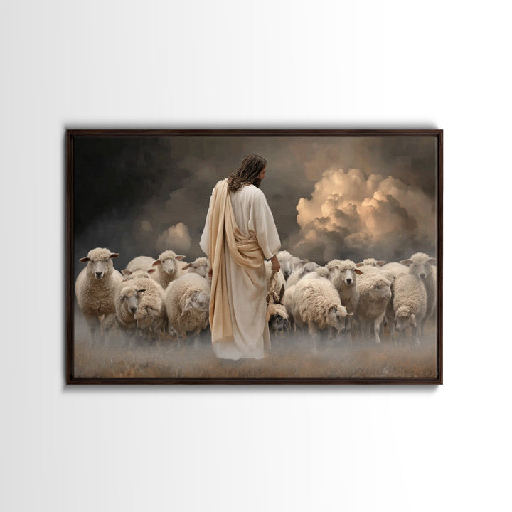Guiding Shepherd Light, Framed Canvas Print, Christian Art Canvas, Large Jesus Painting, Moody Christian Art, Christian Wall Art, Christian