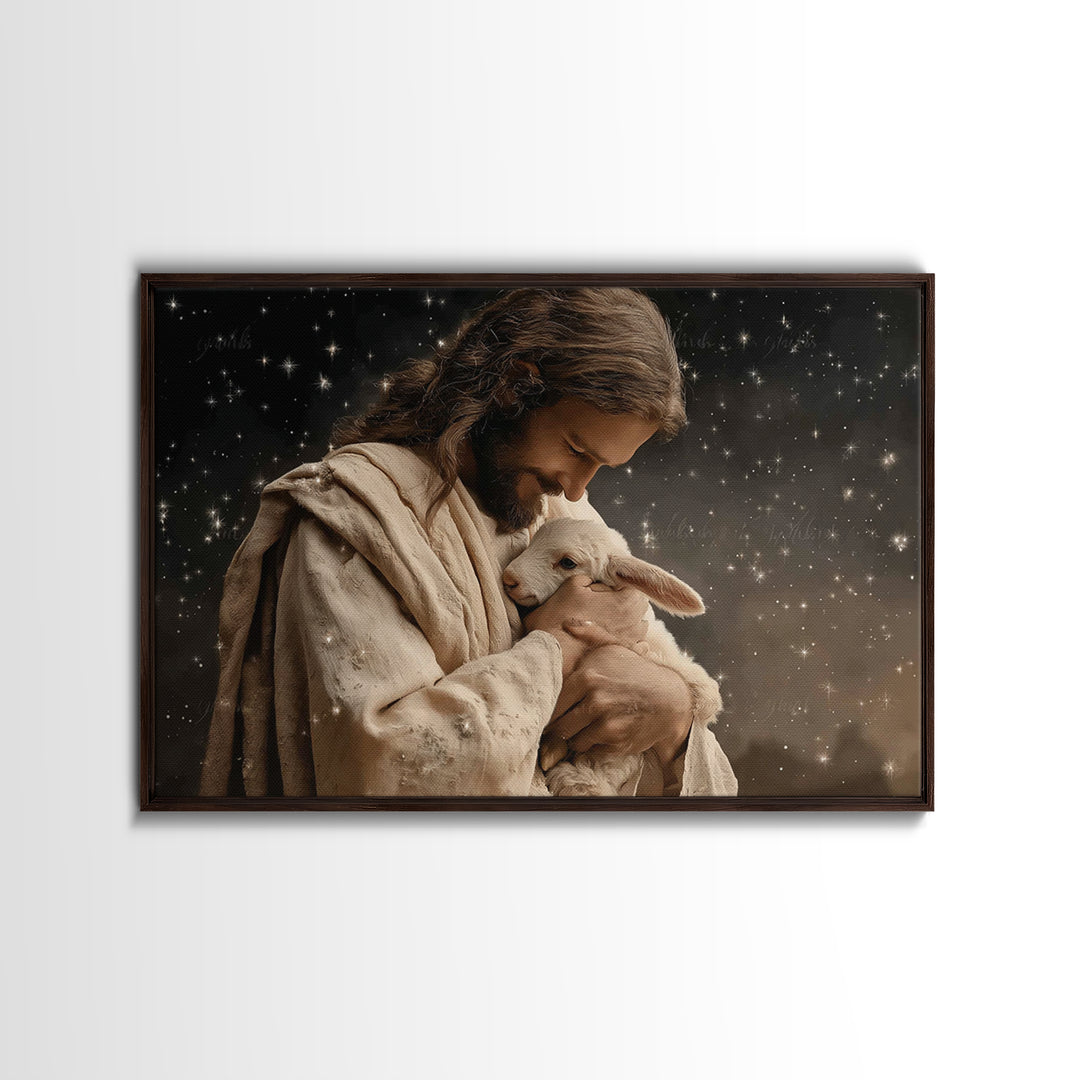 Starry Night Shepherd, Framed Canvas Print, Jesus Wall Art, Christian Art Canvas, Christian Wall Art, Christian Gift, Moody Christian Art