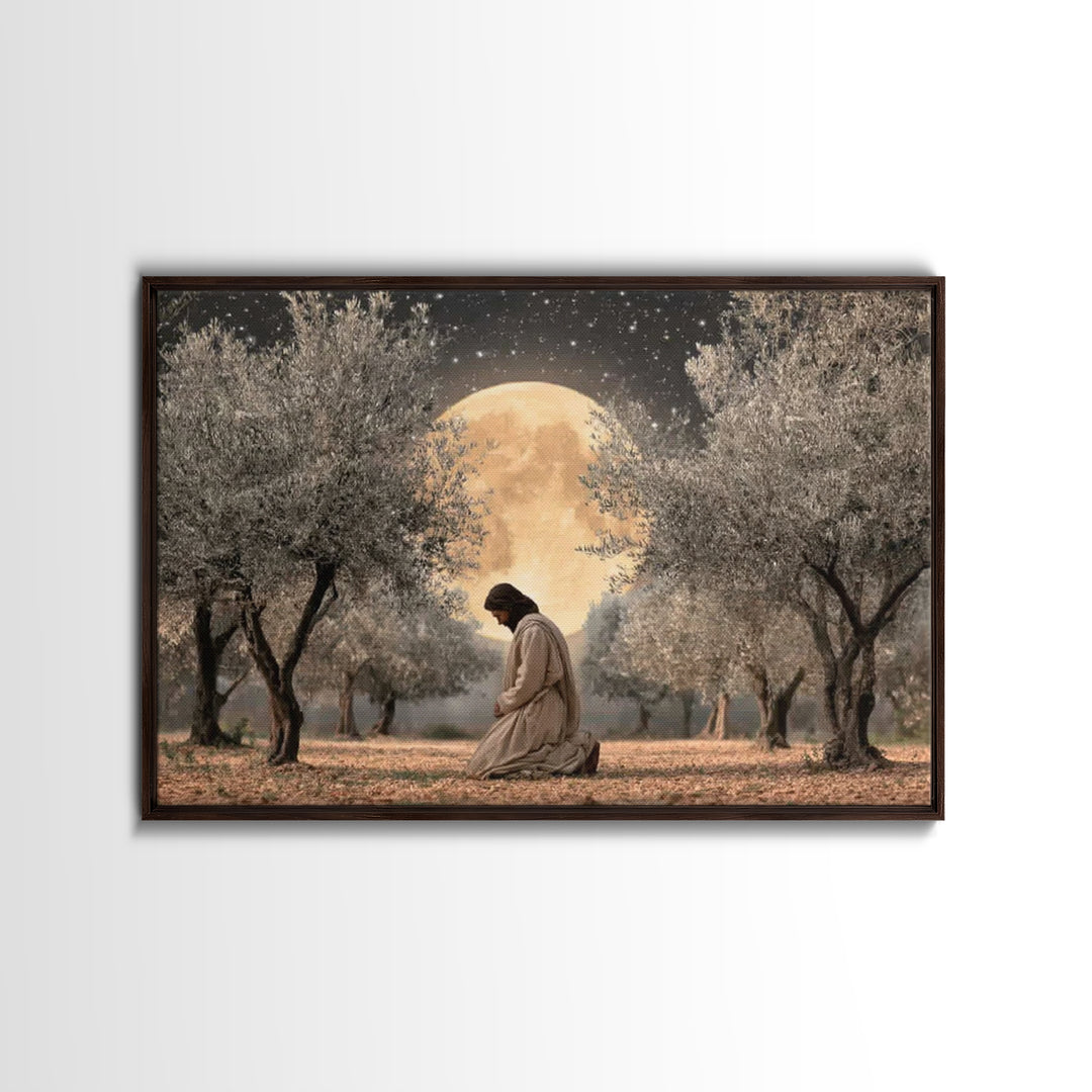 Moonlit Devotion - Framed Canvas Print - Christian Art Canvas - Jesus Painting - Christian Wall Art - Christian Christmas Art