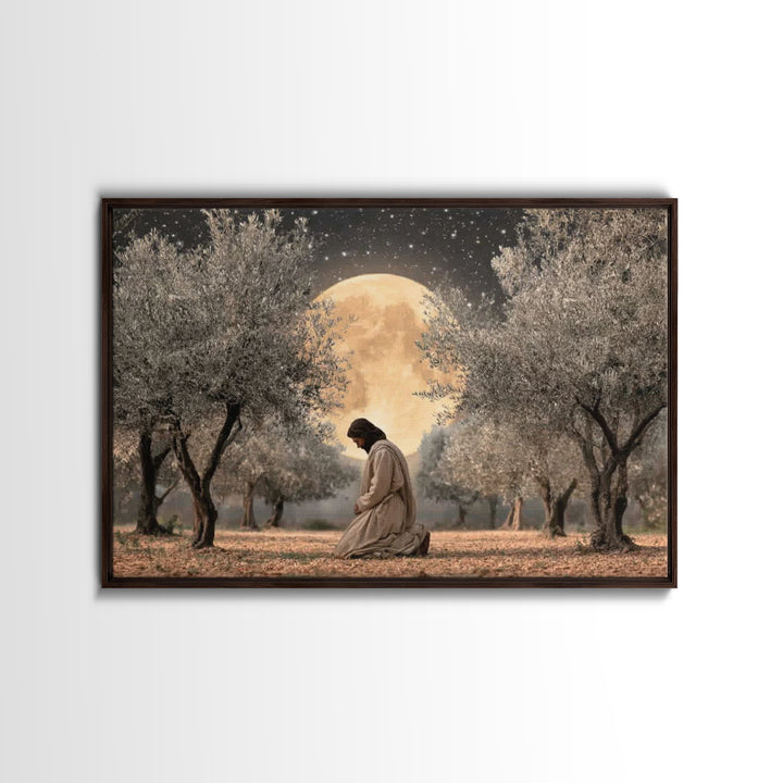 Moonlit Devotion - Framed Canvas Print - Christian Art Canvas - Jesus Painting - Christian Wall Art - Christian Christmas Art
