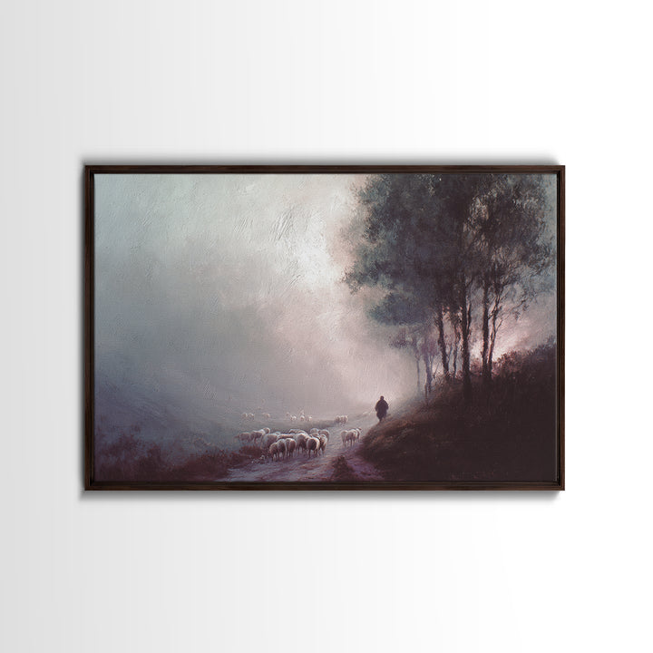 Twilight Shepherd – Framed Canvas Print – Christian Art Canvas – Christian Wall Art – Jesus Painting – Subtle Christian Art