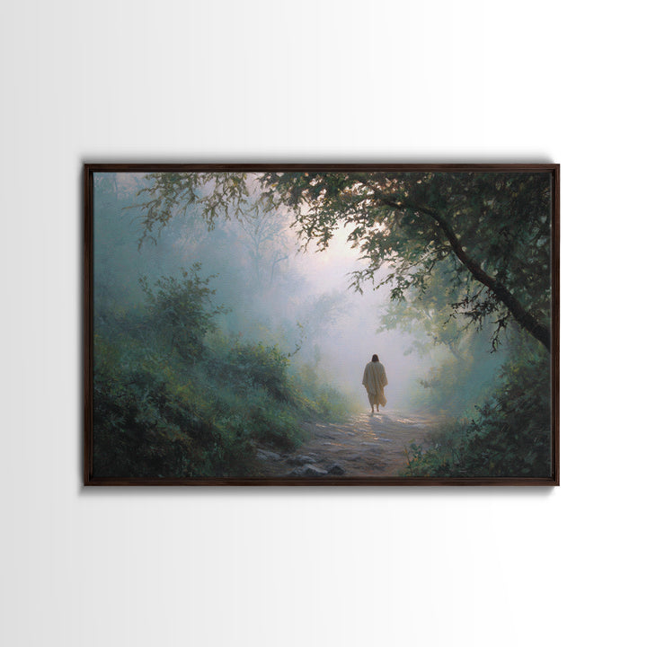 Forest Dawn Walk, Framed Canvas Print, Christian Wall Art, Christian Art Canvas, Jesus Painting, Moody Christian Art