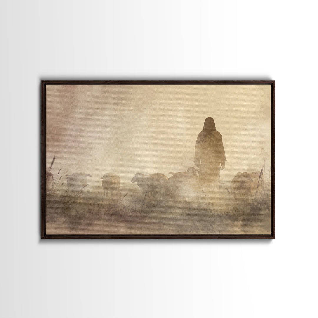 Misty Shepherd – Framed Canvas Print – Christian Wall Art – Jesus Painting – Christian Art Canvas – Moody Christian Art – Christian Gift Id