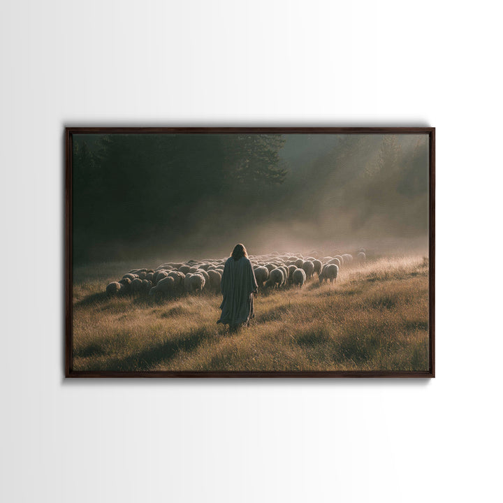 Dawn Flock | Framed Canvas Print | Christian Art Canvas | Jesus Painting | Large Christian Art | Christian Wall Art | Modern Christian Pain