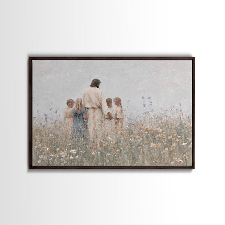 Gentle Meadow Light, Framed Canvas Print, Jesus Painting, Christian Art Canvas, Christian Wall Art, Minimalist Christian Art, Christian Gif