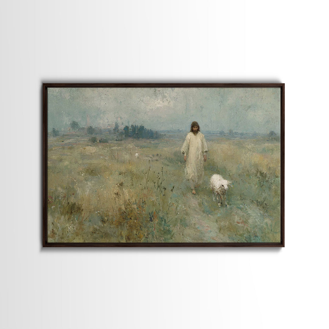 Gentle Shepherd Light, Framed Canvas Print, Christian Art Canvas, Jesus Painting, Vintage Christian Art, Christian Wall Art, Christian Gift