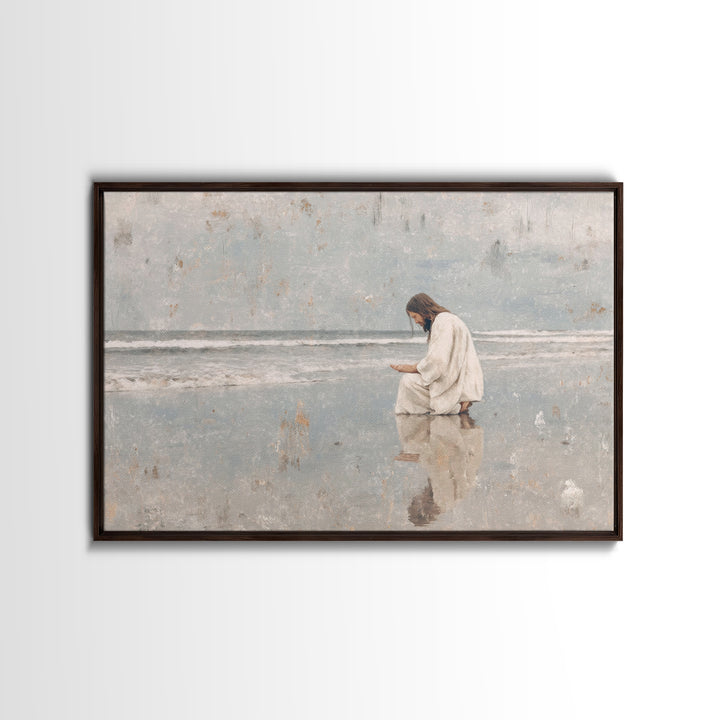 Shoreline Prayer, Framed Canvas Print, Christian Wall Art, Jesus Painting, Christian Art Canvas, Large Christian Art, Modern Christian Art